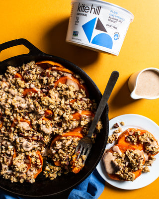 Sweet Potato Bake with Oat Pecan Crumble and Brown Sugar Yogurt Sauce